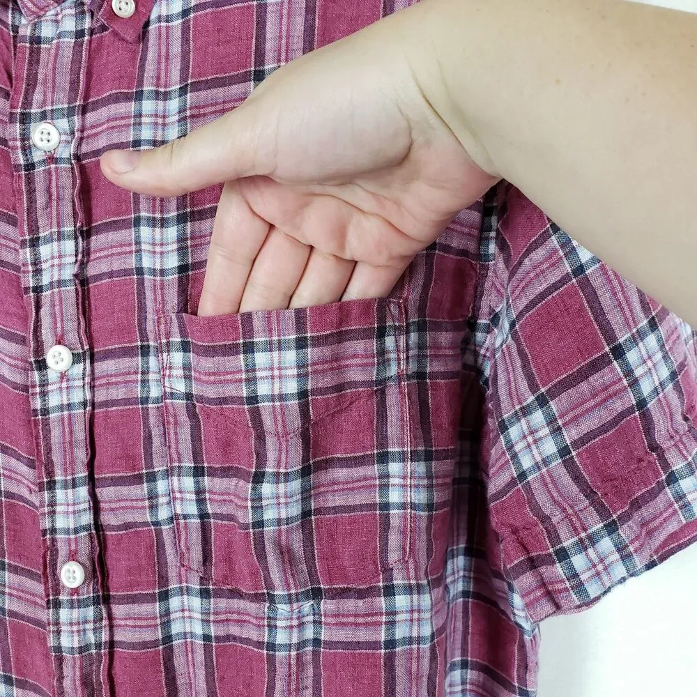 Banana Republic Camden Fit Linen Shirt Red Plaid Mens M Short Sleeve Preppy